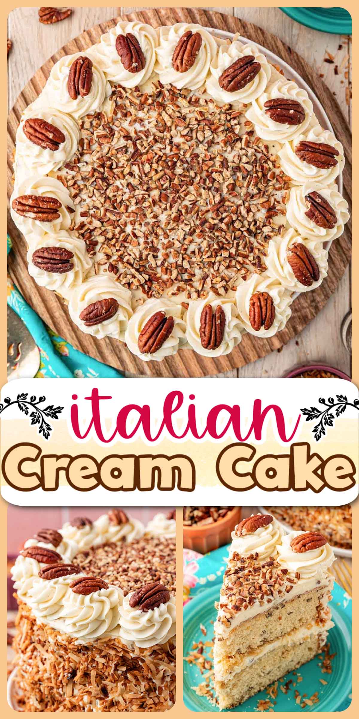 This exquisite Italian Cream Cake Recipe is made with layers of vanilla cake loaded with toasted pecans and shredded coconuts, smothered in a delectable cream cheese frosting, and adorned with pecan halves, toasted pecan chips, and toasted coconut for a truly show-stopping dessert! via @sugarandsoulco