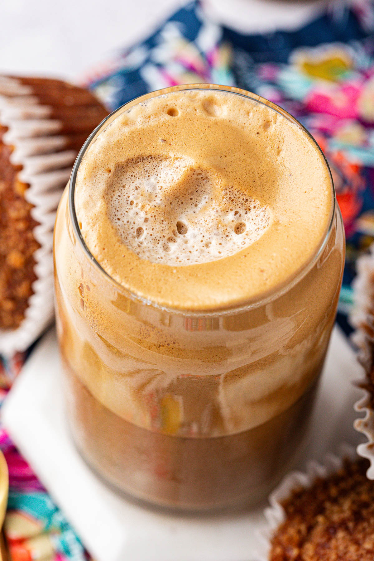 Close up of a glass of Greek Frappe coffee.