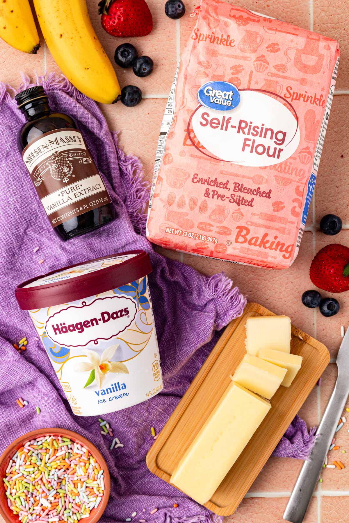 Overhead photo of ingredients to make fluffy pancakes with ice cream.