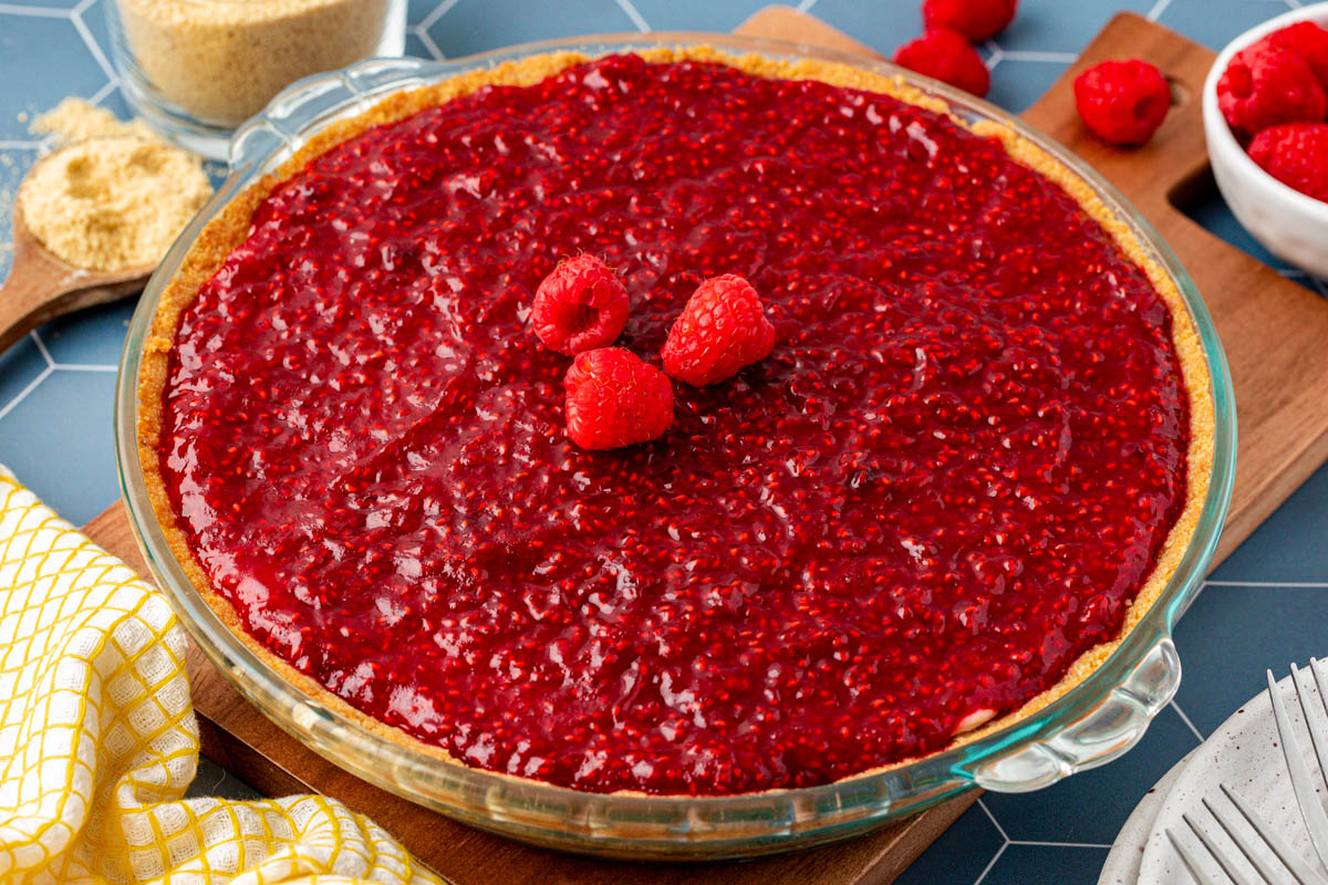 Close up of a raspberry cream pie.