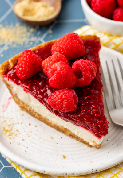 Close up of a slice of raspberry cream pie.