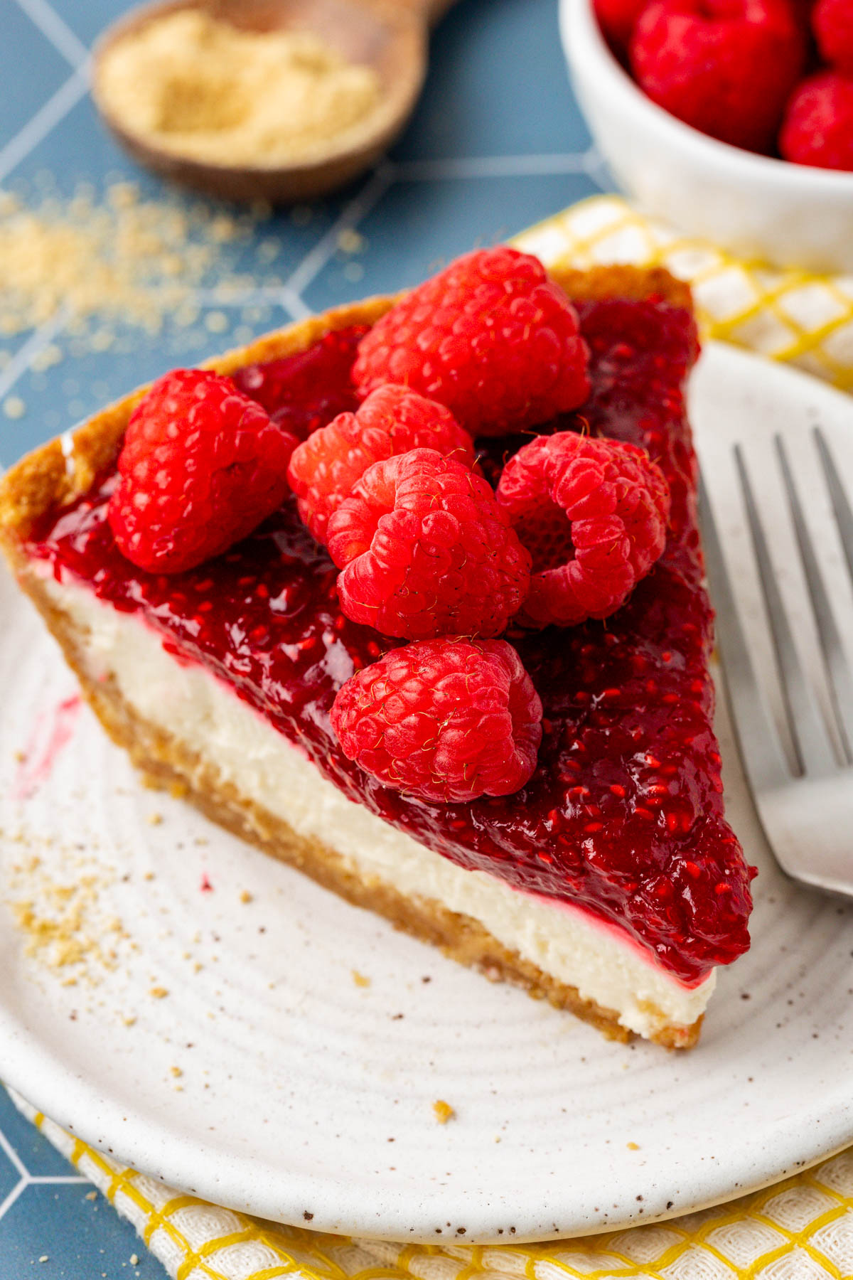 Close up of a slice of raspberry cream pie.