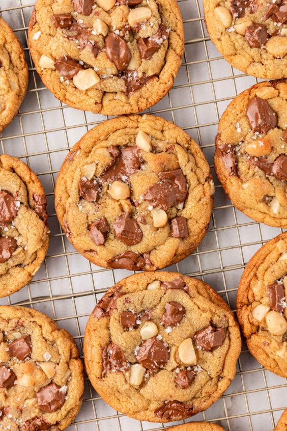 Overhead photo of Homemade Sausalito Pepperidge Farm Copy Cat Cookies on a wire rack.