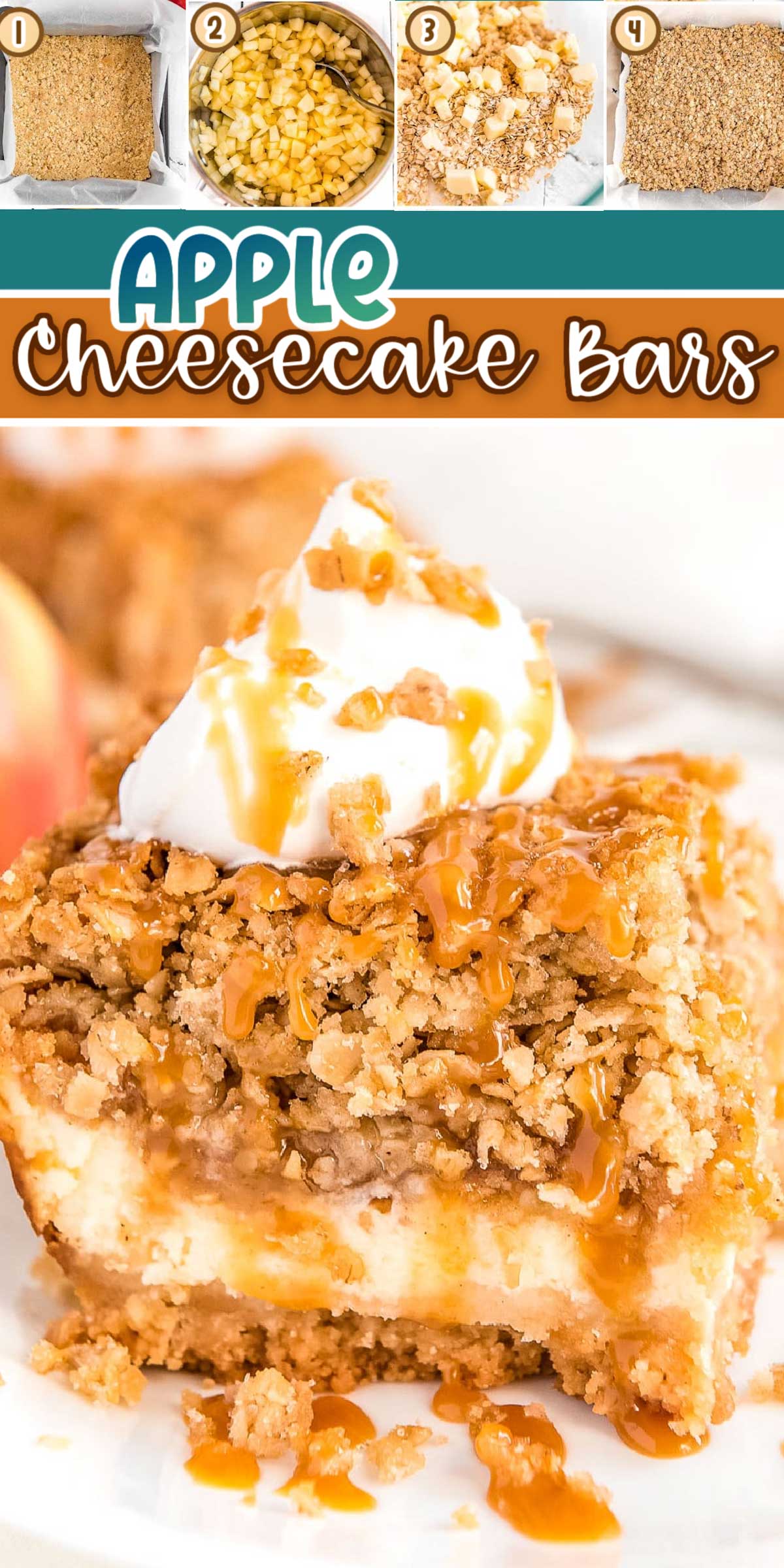 Caramel Apple Cheesecake Bars are made with a shortbread crust, a creamy cheesecake layer, cinnamon baked apples, and an oatmeal crumble topping! via @sugarandsoulco