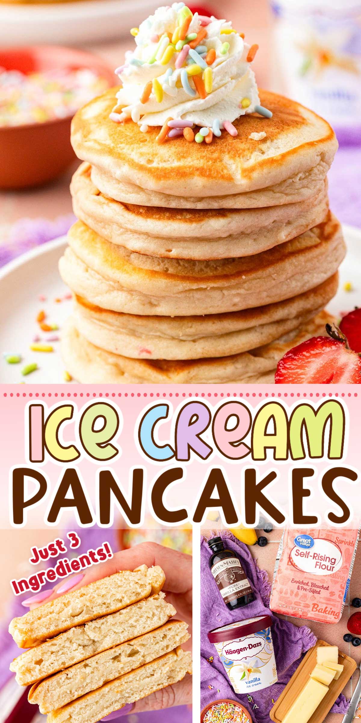 It’s true, you CAN have ice cream for breakfast with this fun, tasty Ice Cream Pancakes Recipe! They’re made with ice cream, self-rising flour, and vanilla extract and make for an exciting breakfast that’s easy-to-make and even easier to eat! via @sugarandsoulco