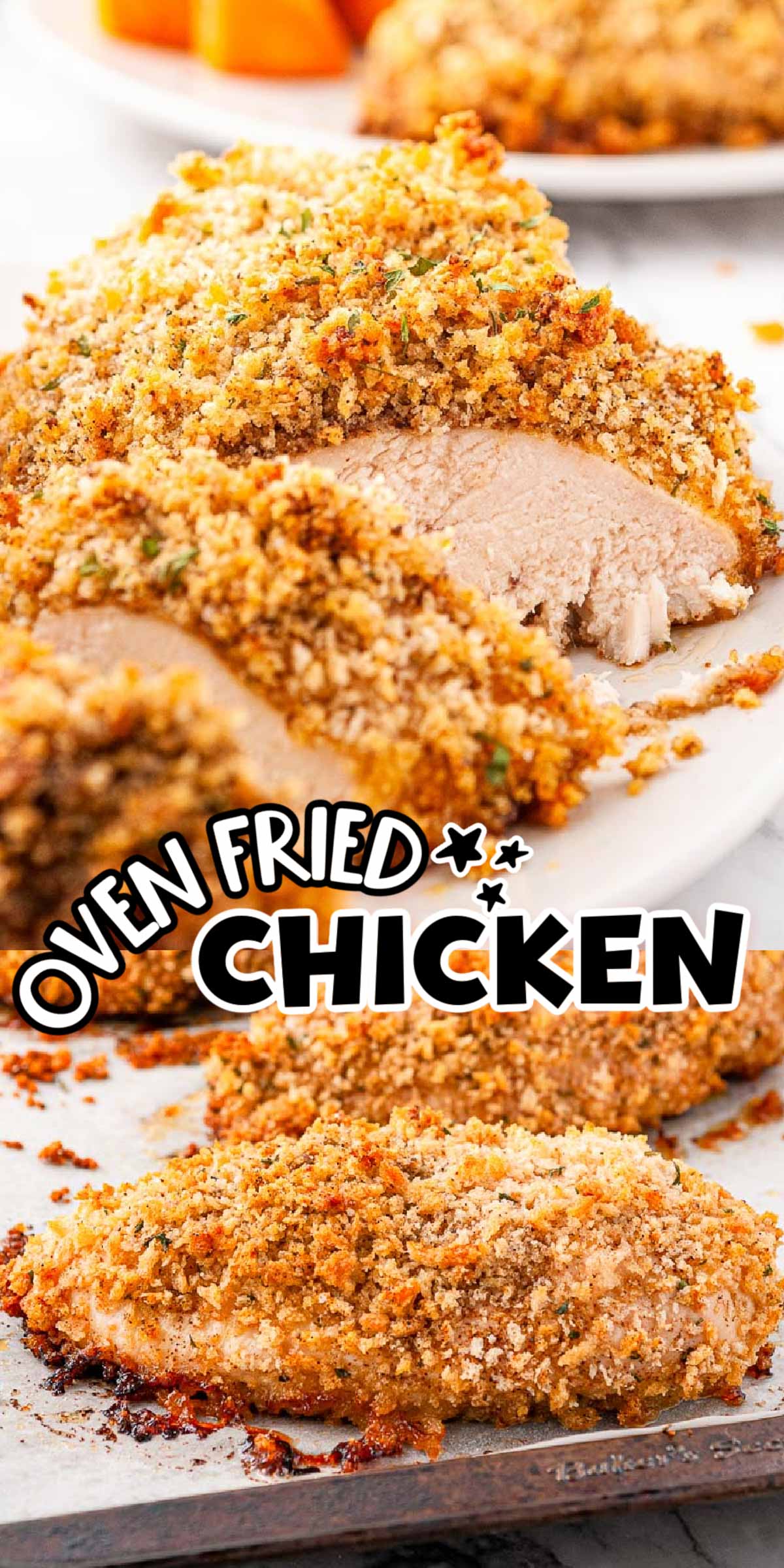 Oven Fried Chicken Breast is the healthier version of a comfort food favorite! Made with chicken breasts dredged in a spiced breadcrumb mixture, this easy recipe is light on fat but big on flavor! via @sugarandsoulco