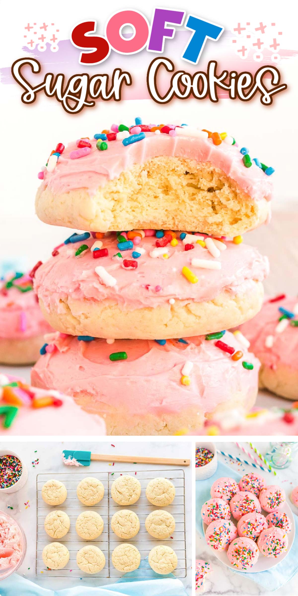 These Soft Sugar Cookies have an irresistible texture that’s both cakey and moist! Topped with creamy pink frosting and sprinkles, they’re like a love child between vanilla cupcakes and sugar cookies!  via @sugarandsoulco