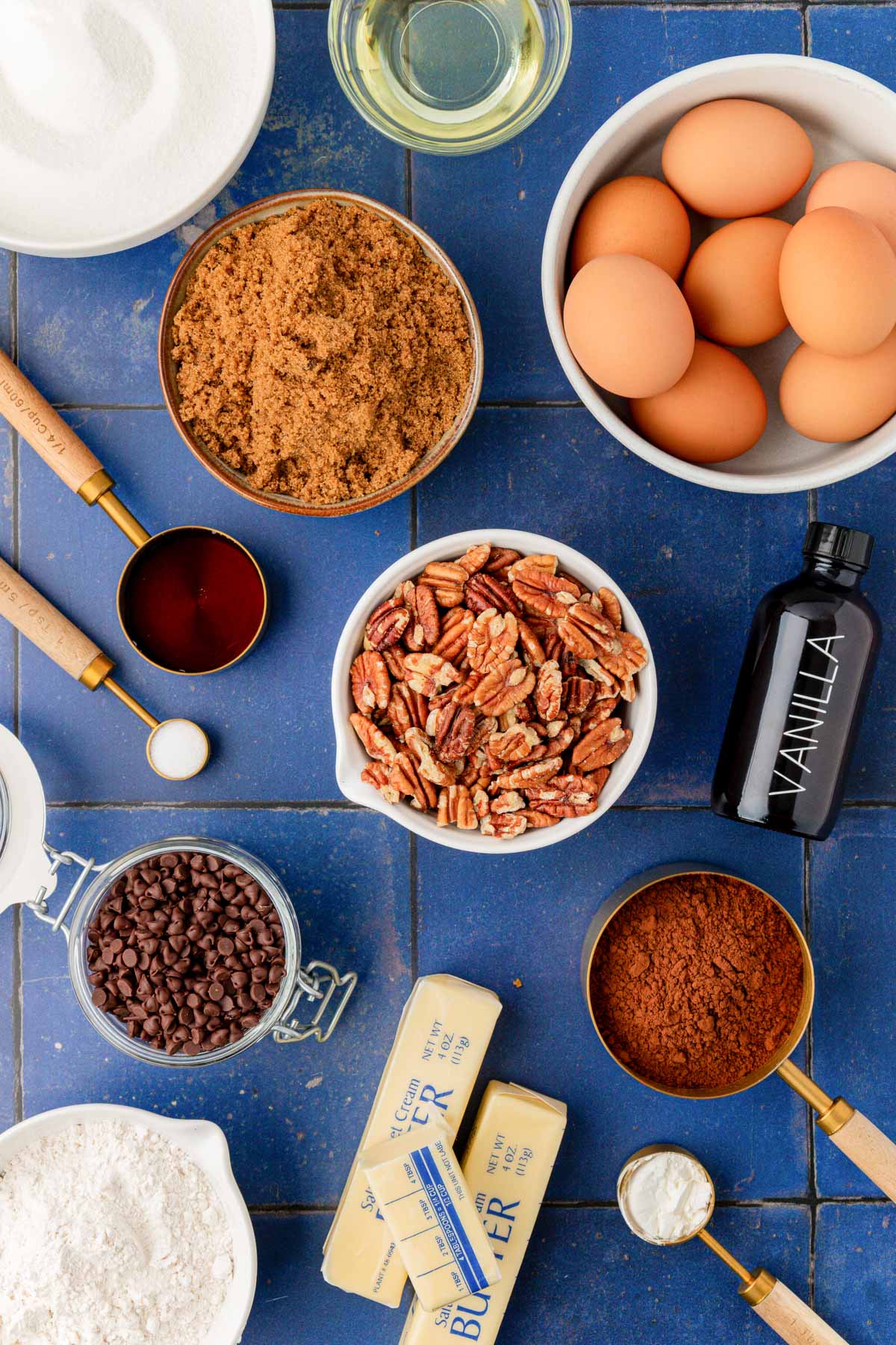 Ingredients to make brownies with pecan pie topping.