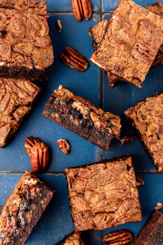 Overhead photo of pecan pie brownies.