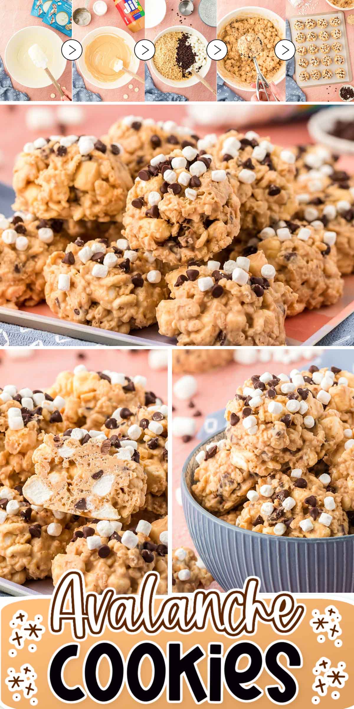 These Avalanche Cookies are a 6-ingredient no-bake treat made with Rice Krispies, peanut butter, white chocolate, marshmallows, and chocolate chips! They are super easy to make and hard to stop eating! via @sugarandsoulco