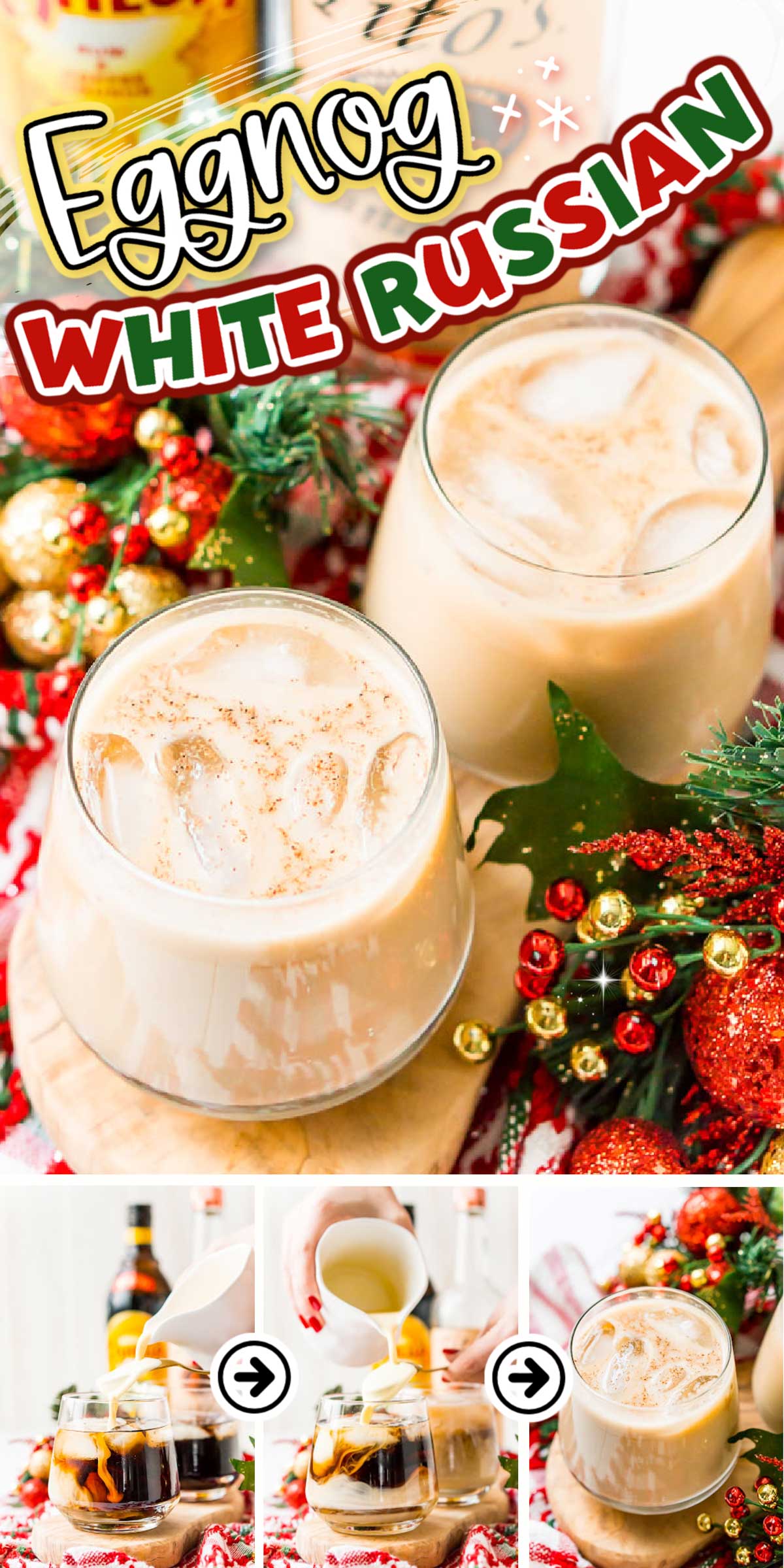 This Eggnog White Russian is a fun holiday twist on the classic vodka cocktail! Made with eggnog, coffee liqueur, vodka, and a dash of nutmeg! via @sugarandsoulco