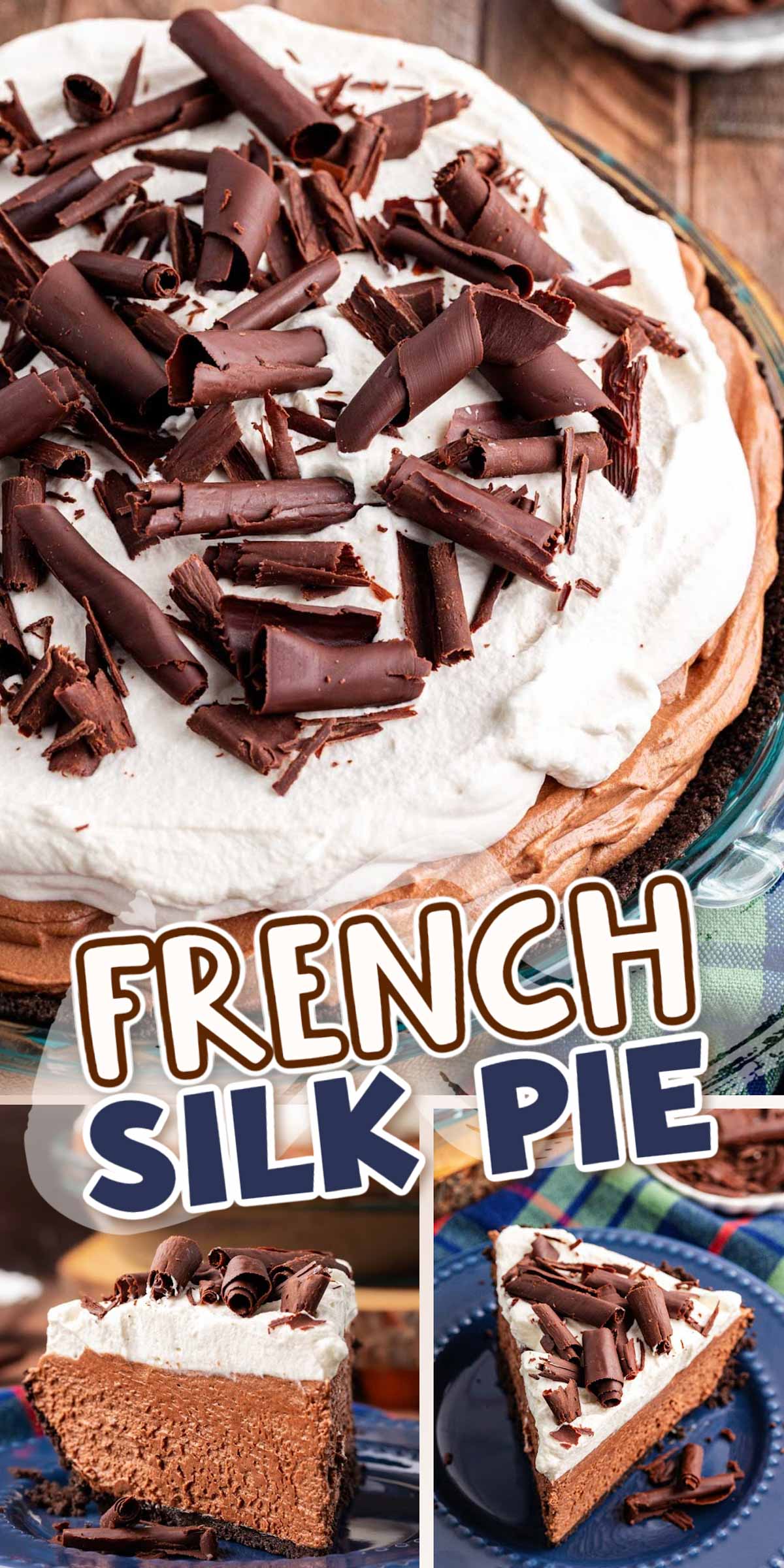 French Silk Pie is velvety, decadent, and ridiculously easy to make! This chocolatey dessert is made with a buttery crust and a mousse-like filling that's piled high with homemade whipped cream! via @sugarandsoulco