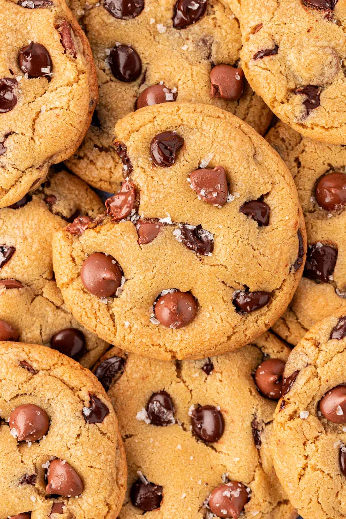 Close up of a plate of chocolate chip cookies with sea salt on them.