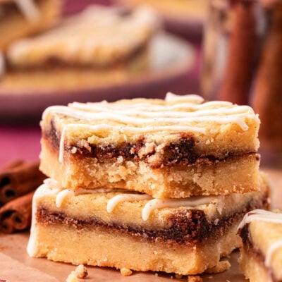 Close up of cinnamon roll shortbread cookies bars on a table.