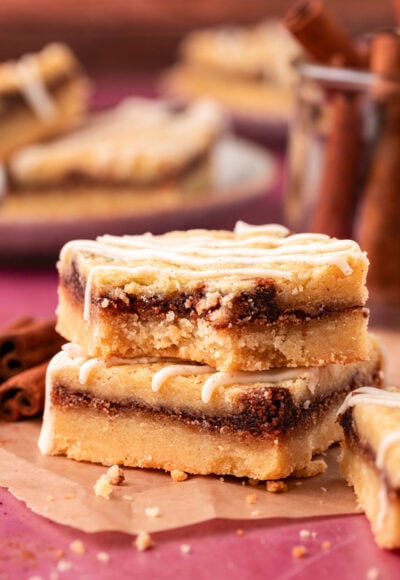 Close up of cinnamon roll shortbread cookies bars on a table.