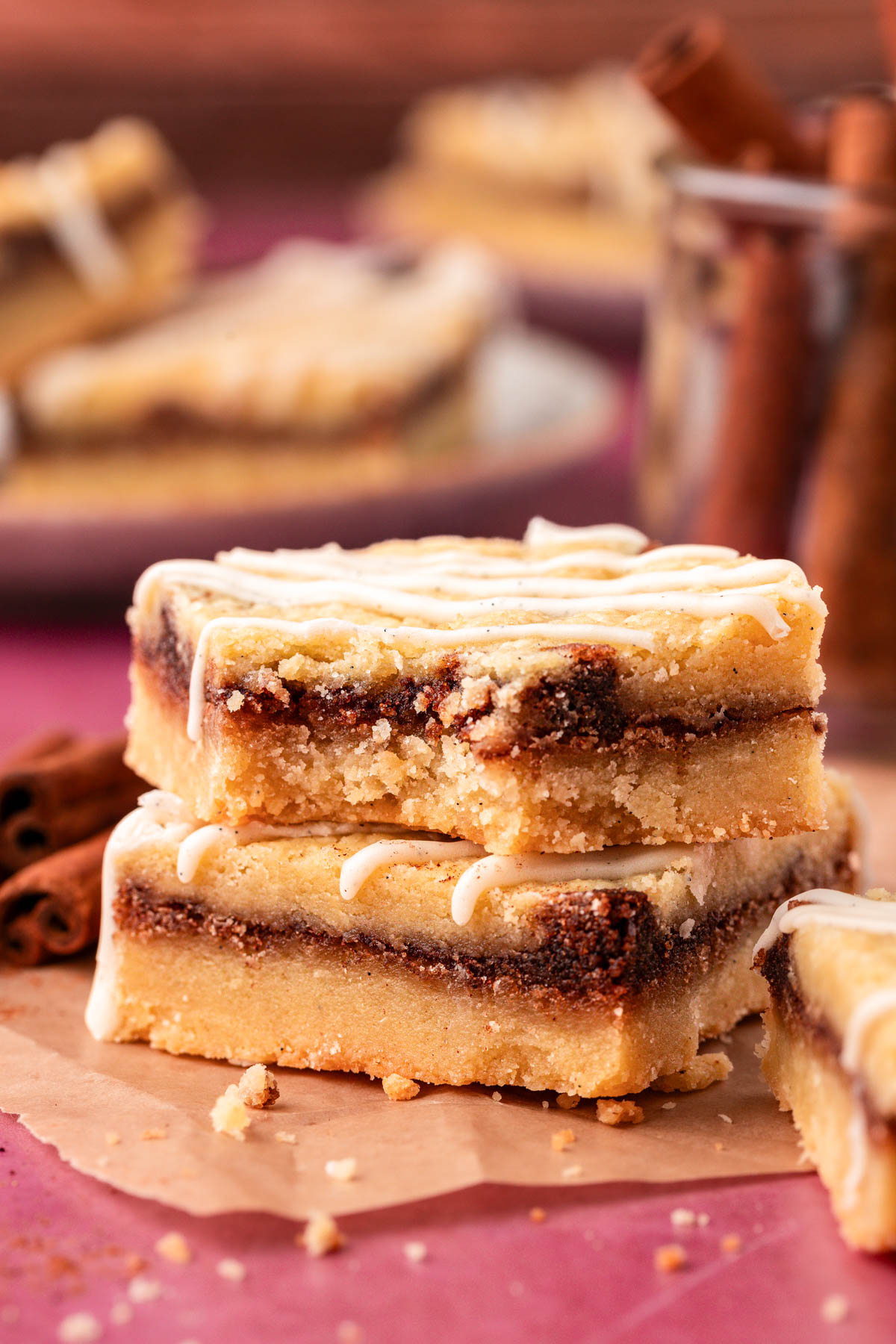 Close up of cinnamon roll shortbread cookies bars on a table.