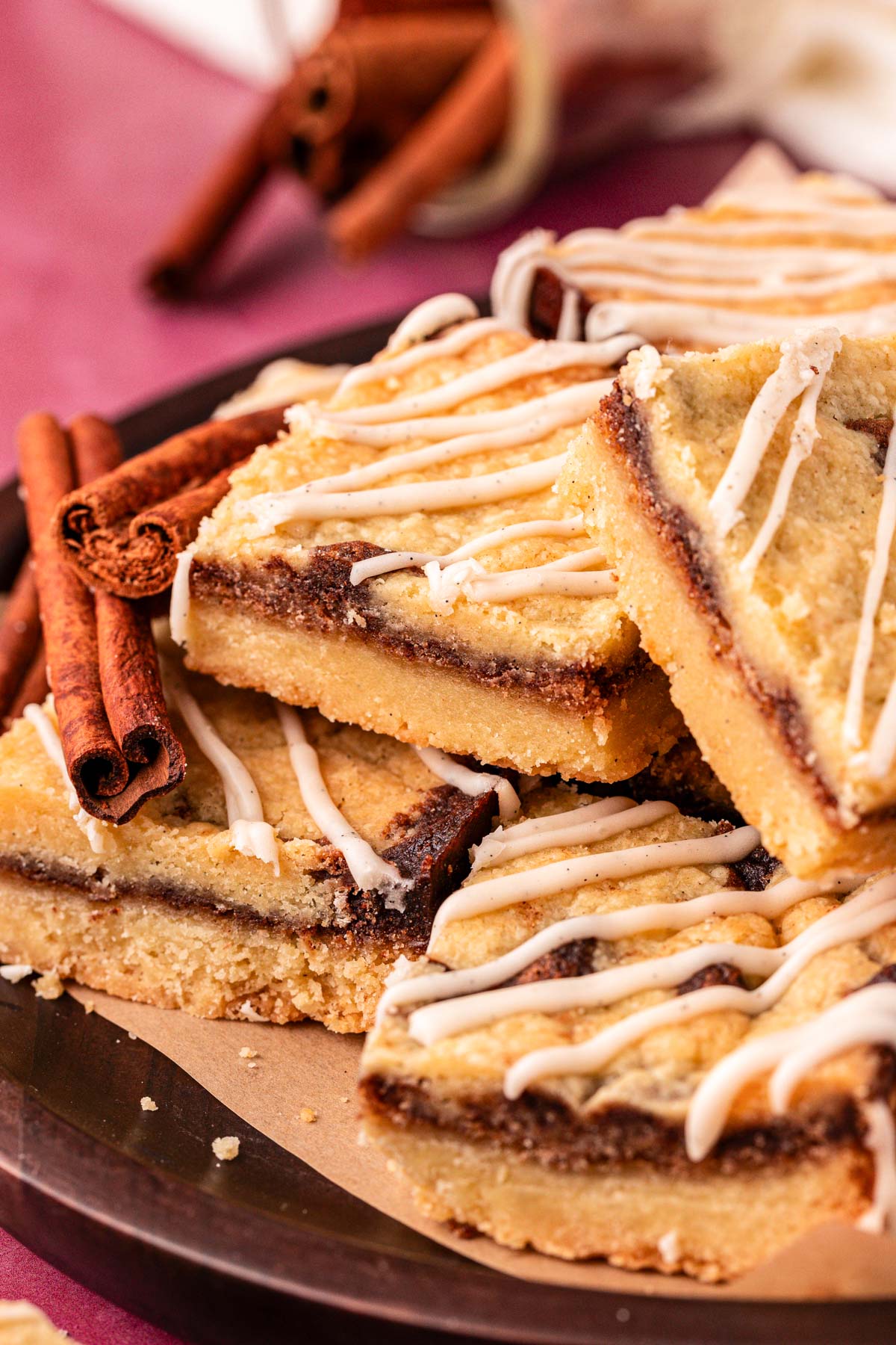 Close up of cinnamon swirl cookie bars.