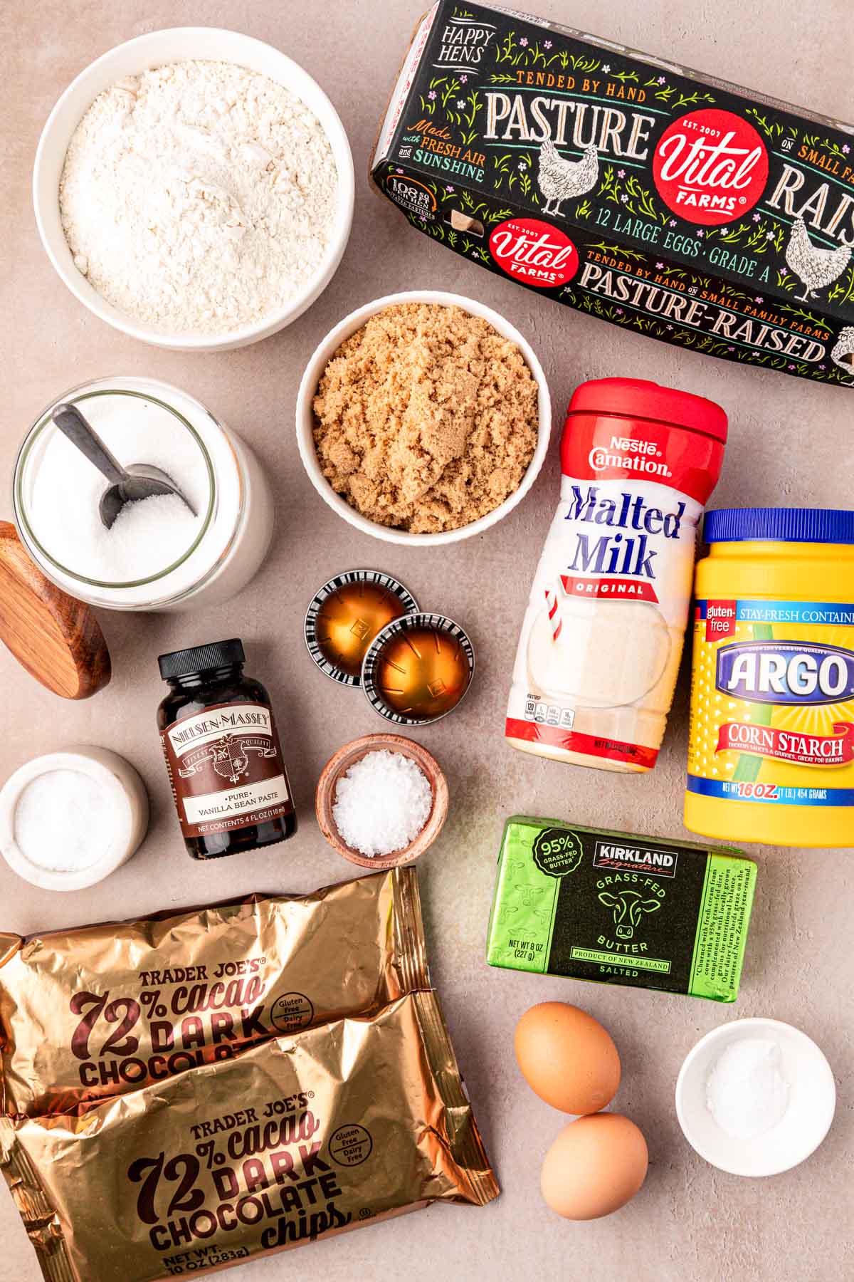 Ingredients to make coffee chocolate chip cookies on a table.