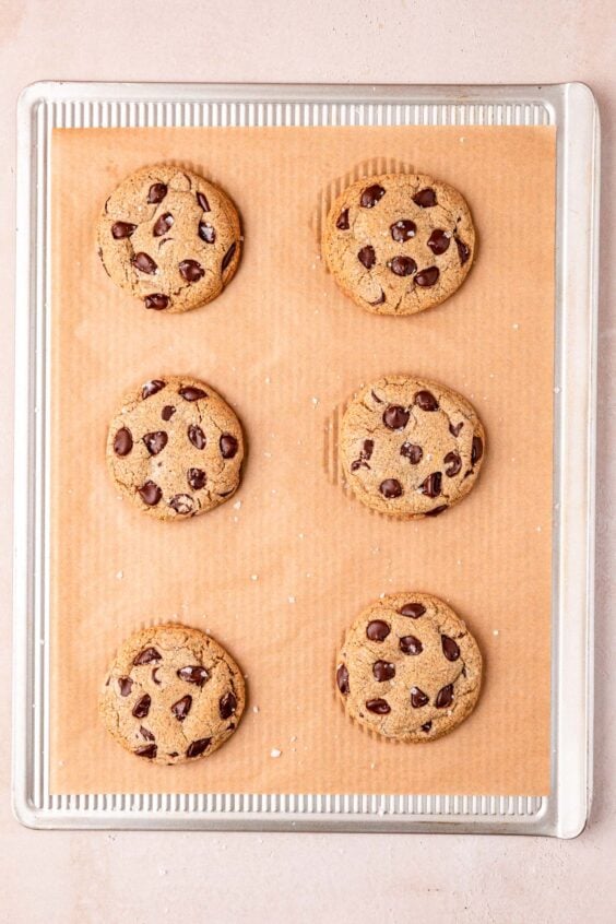 Espresso Chocolate Chip Cookies on a cookie sheet after baking.