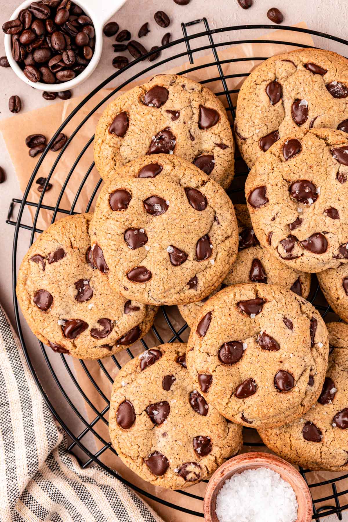 Overhead photo of espresso chocolate chip cookies on a wire rack.