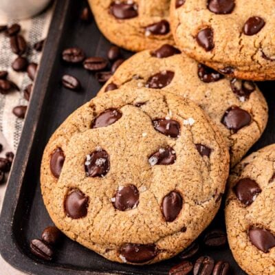 Close up of Espresso Chocolate Chip Cookies on a sheet pan.