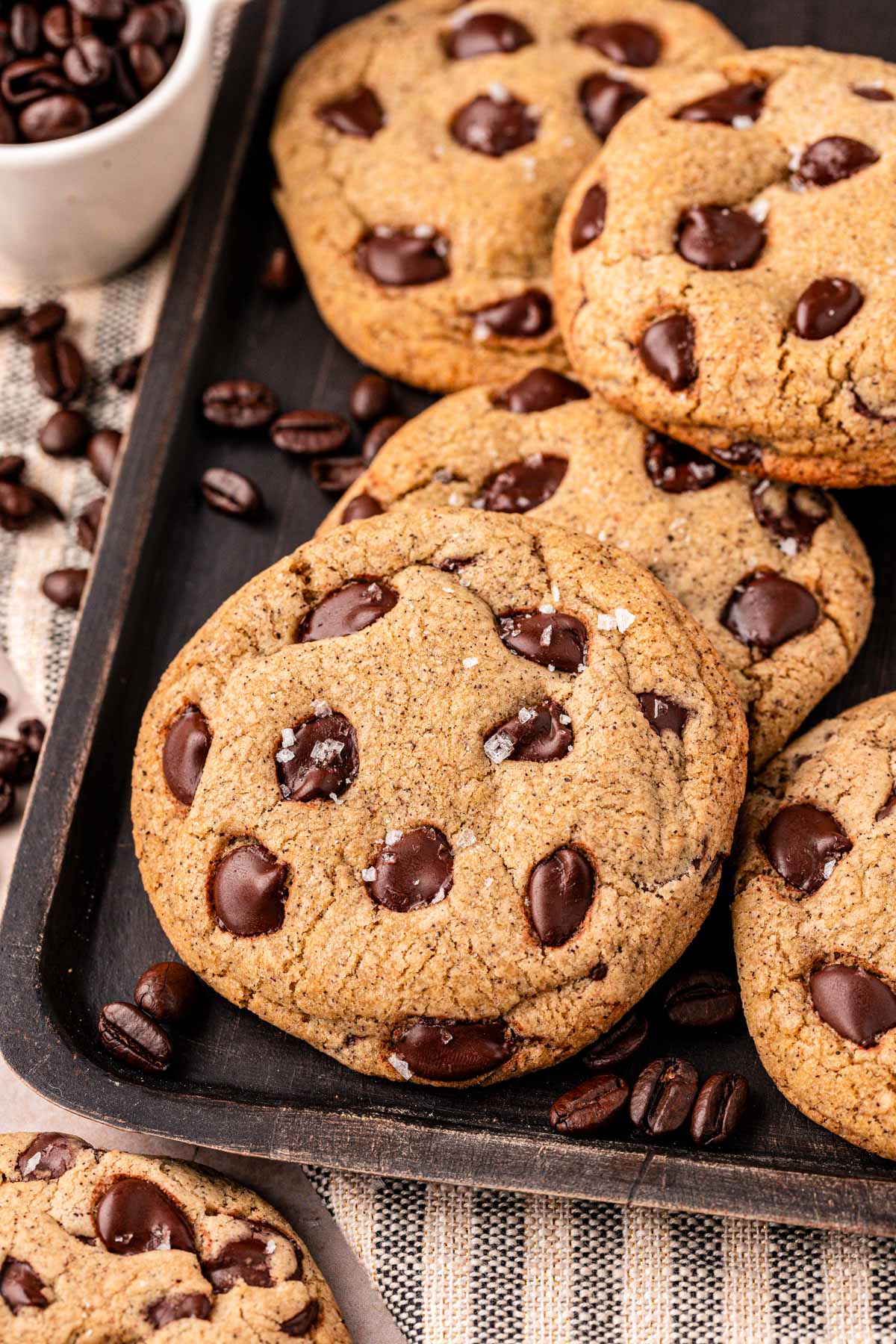 Close up of Espresso Chocolate Chip Cookies on a sheet pan.