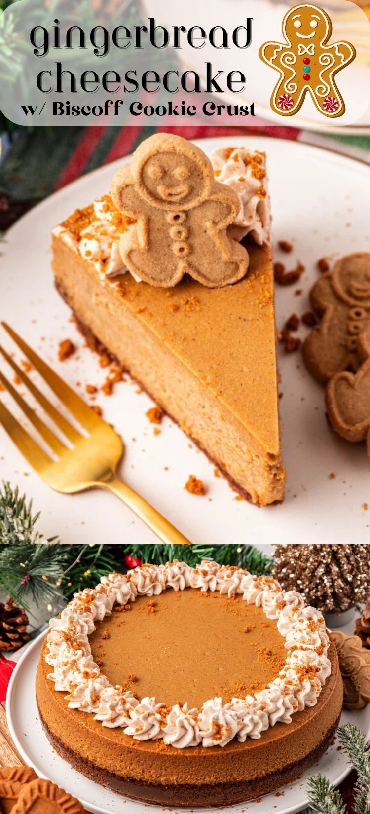 Slay the holidays with this creamy Gingerbread Cheesecake that’s nestled in a Biscoff cookie crust and finished off with homemade whipped cream! The added gingerbread men cookies make for the perfect holiday touch on an unforgettable dessert! via @sugarandsoulco