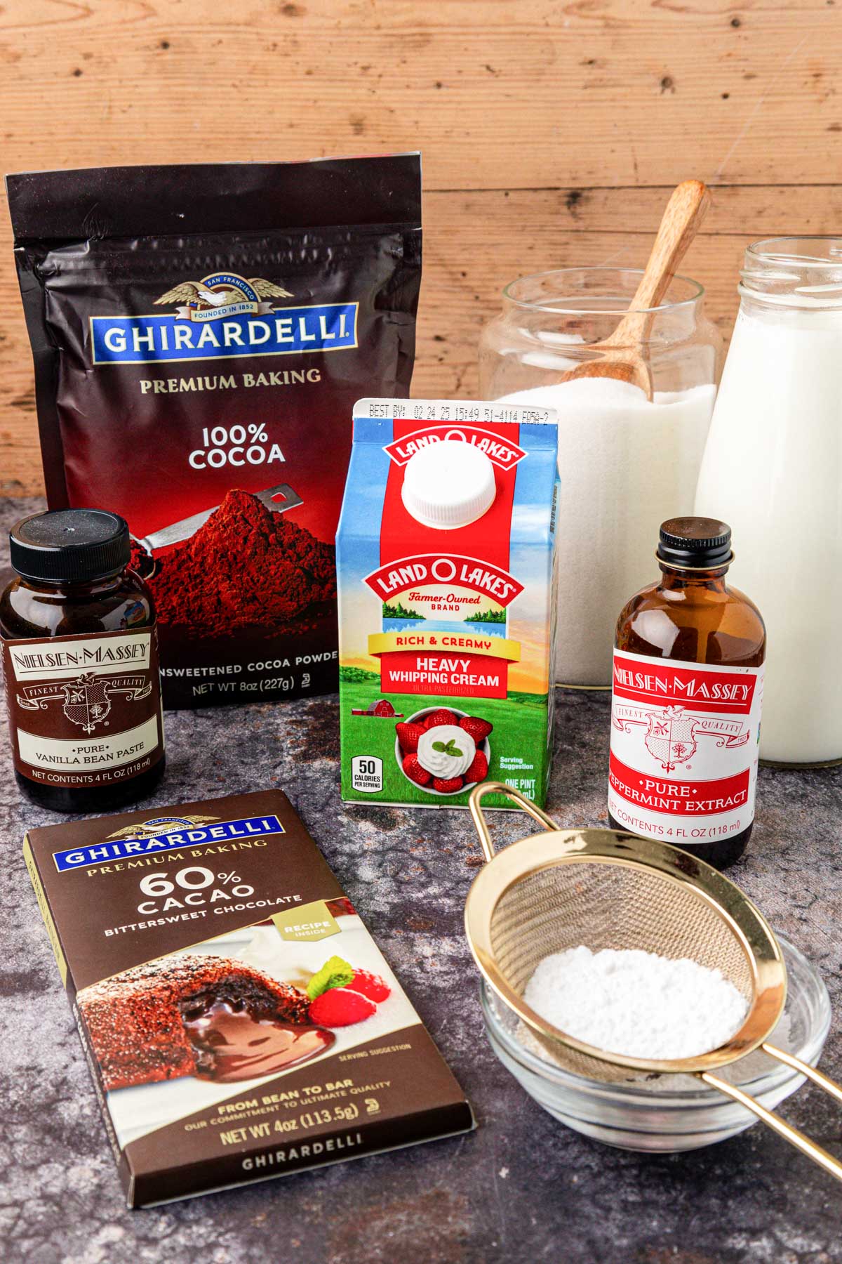 Ingredients to make hot chocolate on a table.