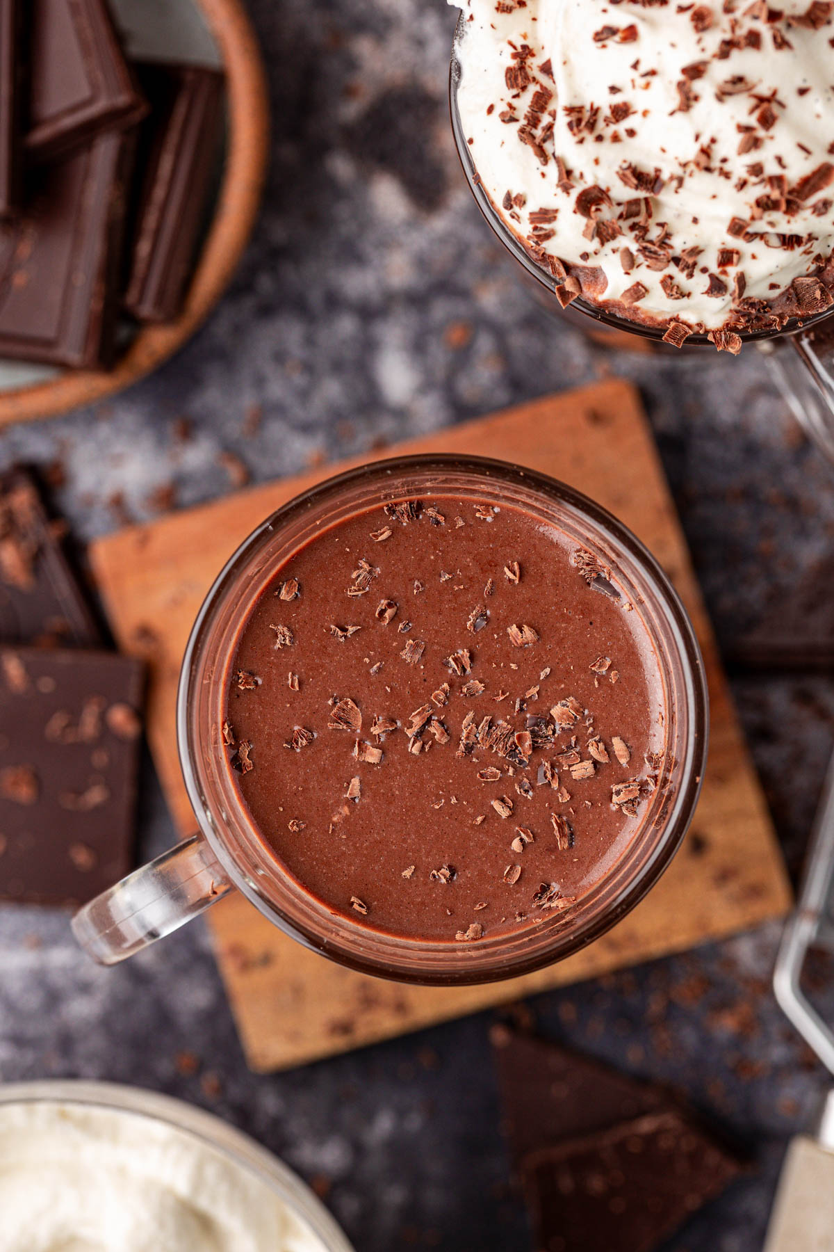 Overhead photo of a mug of thick hot chocolate.