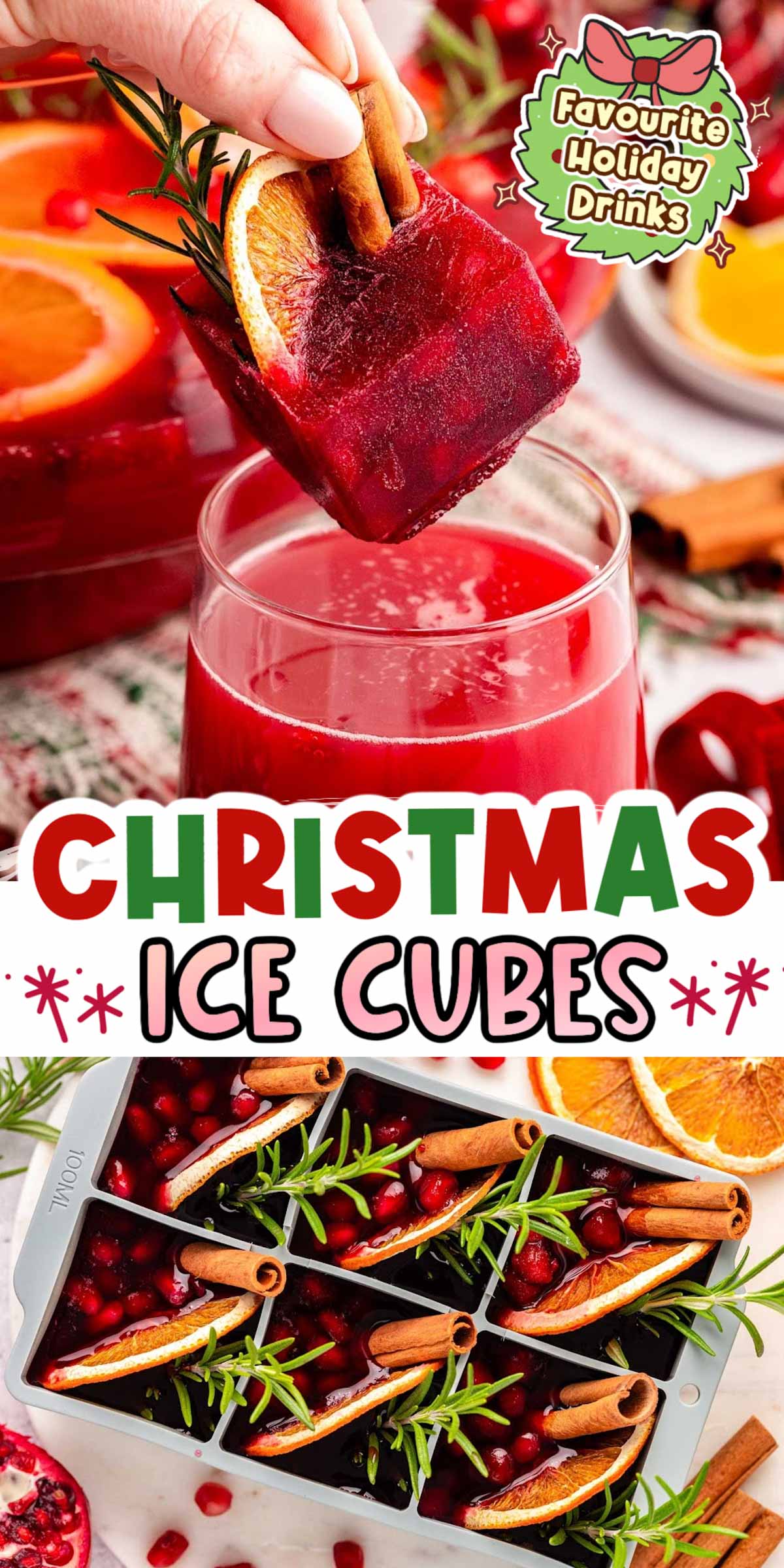 These Christmas Ice Cubes are such an easy way to add festive details to your holiday parties! Guests will be admiring this decorative ice as they sip on their favorite holiday drinks! via @sugarandsoulco