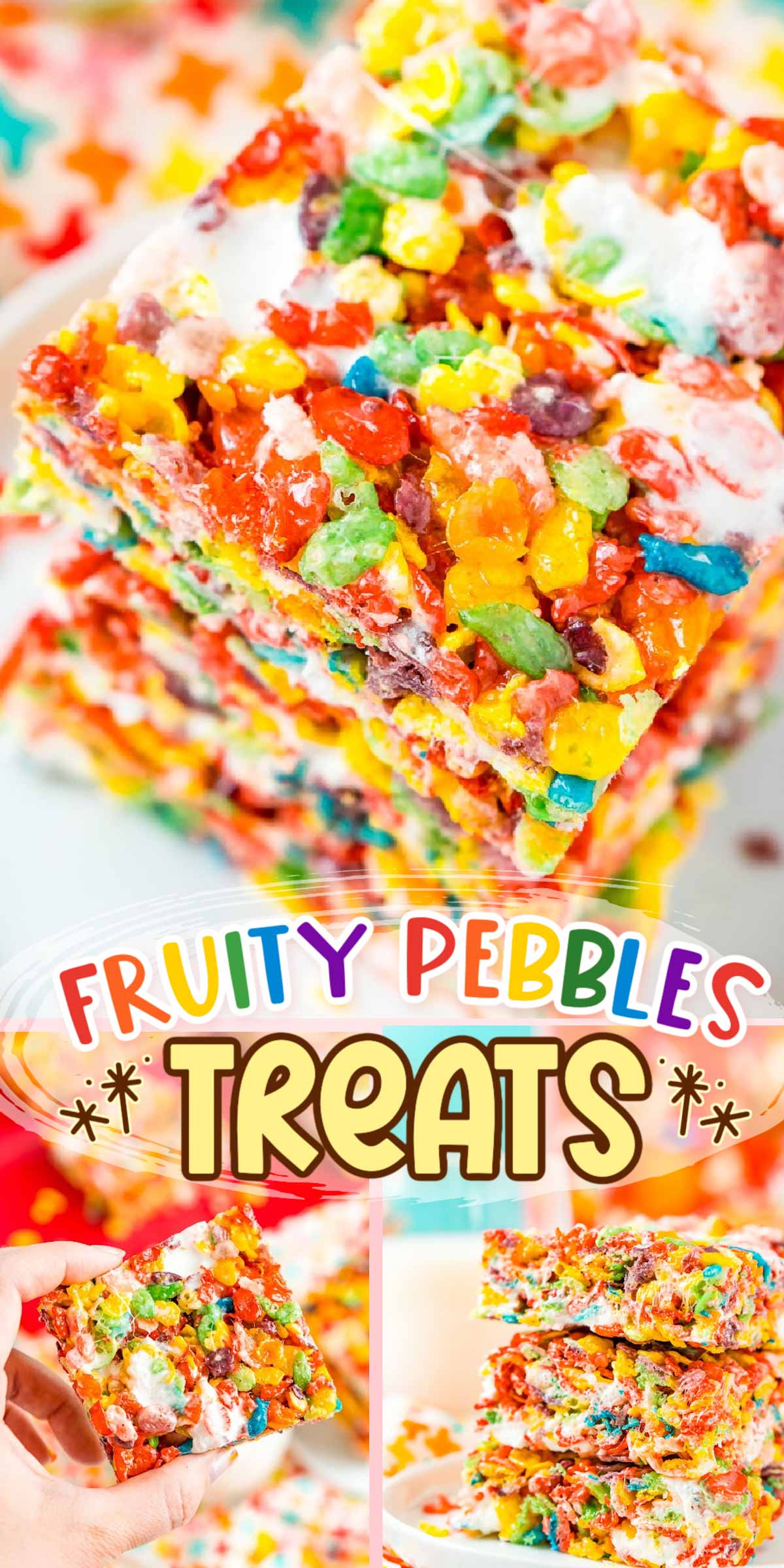 These Fruity Pebbles Treats are a fun and fruity twist on the classic no-bake dessert made with Rice Krispies cereal. They are made with the perfect blend of cereal, butter, and marshmallows and take just 7 minutes to prepare! via @sugarandsoulco