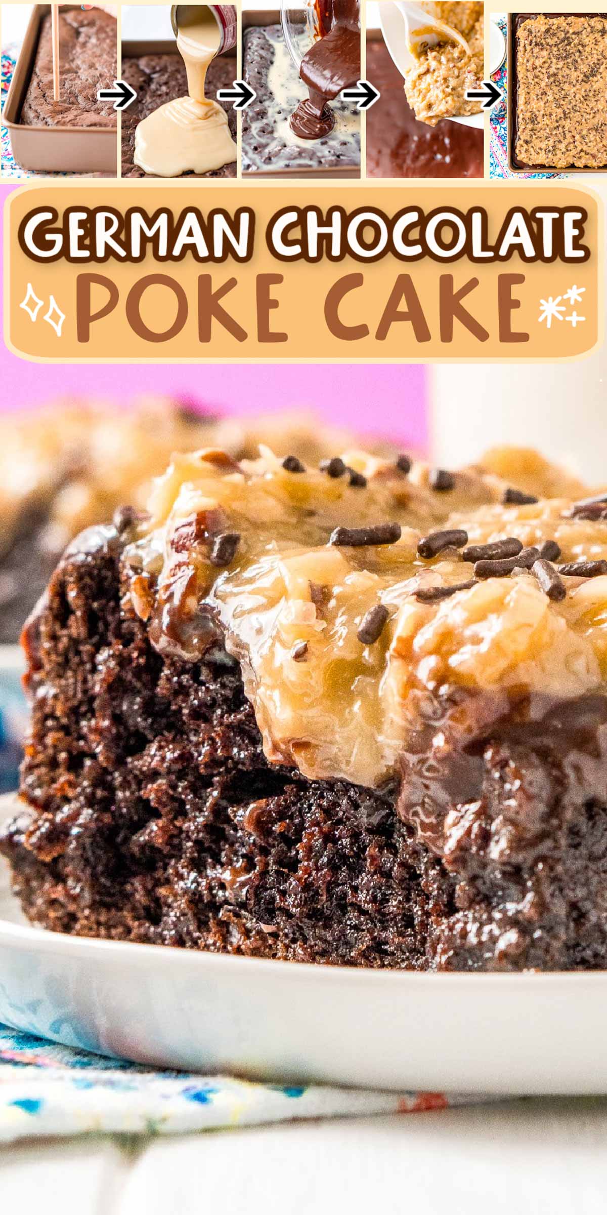 This German Chocolate Poke Cake takes the classic dessert recipe to a whole new level with a tender chocolate cake soaked in sweetened condensed milk and topped with a rich chocolate ganache and sweet coconut pecan frosting! via @sugarandsoulco