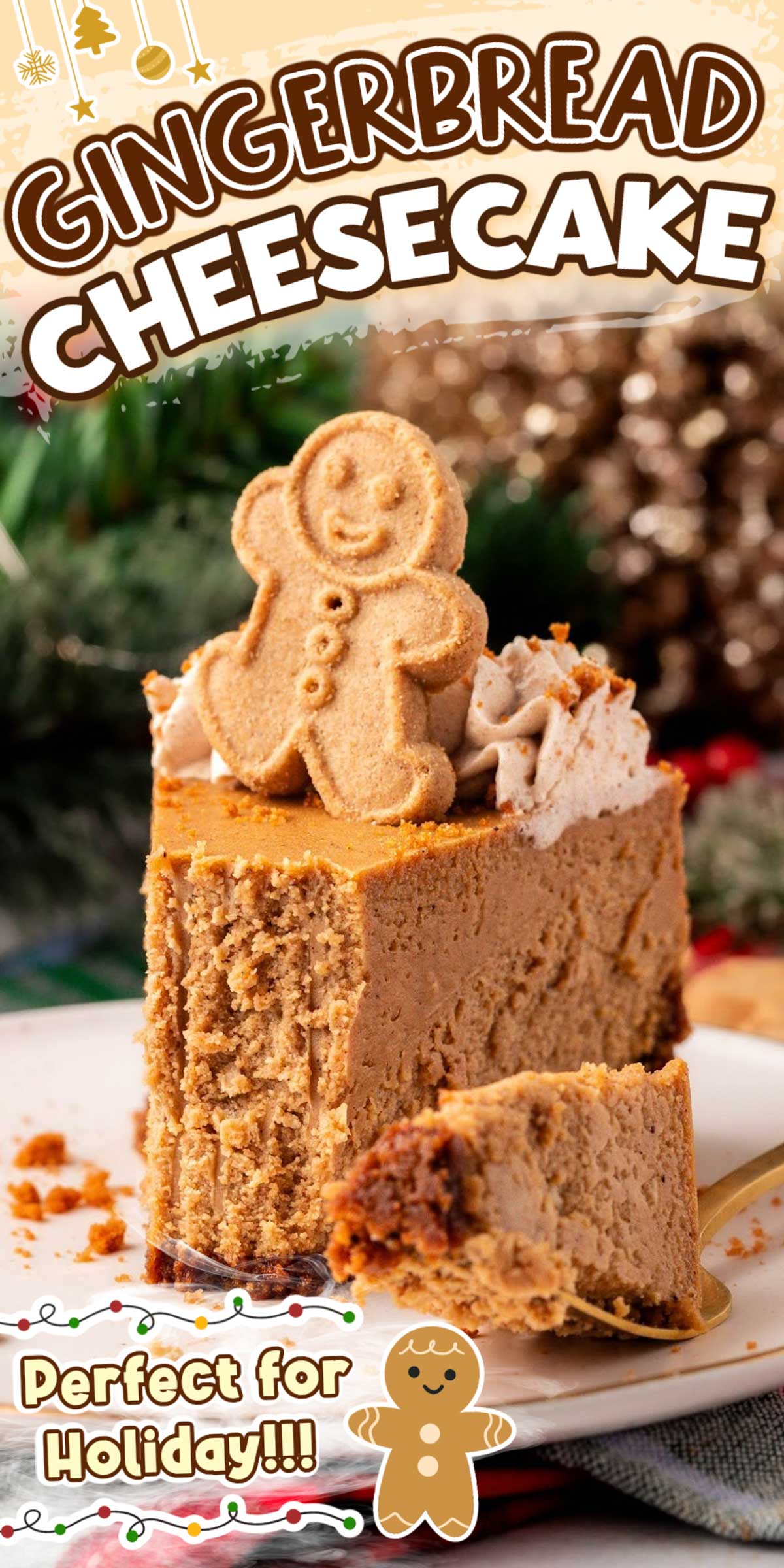 Creamy, delicious, and absolutely bursting with holiday flavor, this Gingerbread Cheesecake is a holiday must! With a biscoff cookie crust, creamy spiced filling, and topped with tasty cinnamon whipped cream it's perfect for the holidays! via @sugarandsoulco