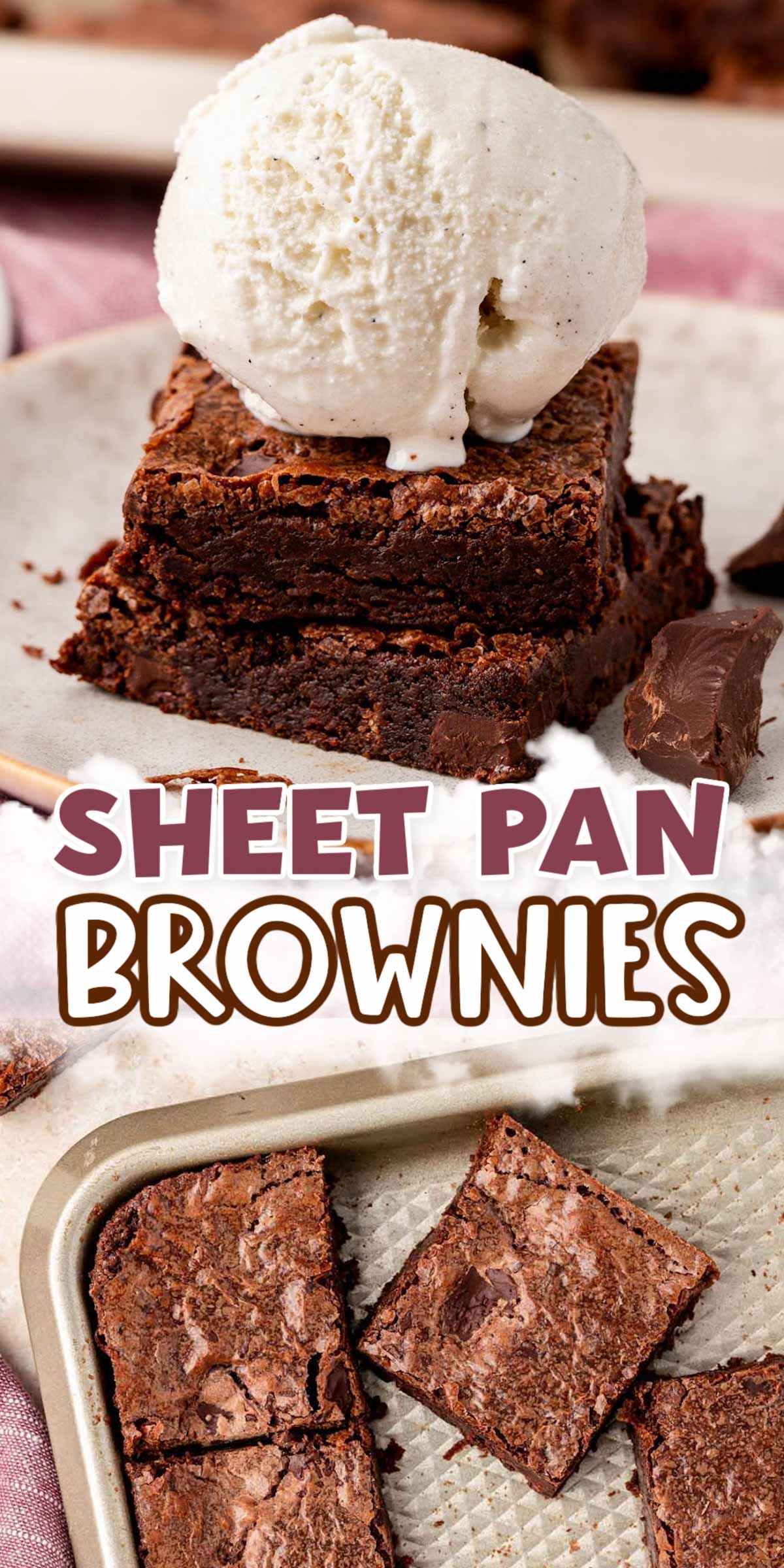 Sheetpan Brownies are the perfect solution for anyone looking to whip up a delicious dessert for large gatherings! They’re fudgy and rich, and with just one sheet pan, you can easily bake two dozen of them in no time! via @sugarandsoulco