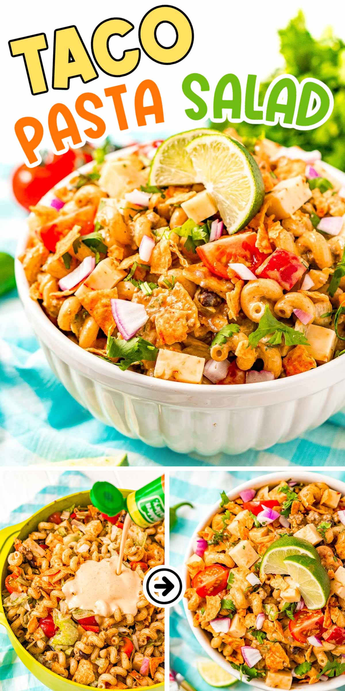 Taco Pasta Salad with Doritos puts a zesty twist on regular pasta salad! Made with Mexican spices, ground beef, and fresh veggies, it’s tossed in creamy chipotle dressing and topped with cheesy tortilla chips! via @sugarandsoulco