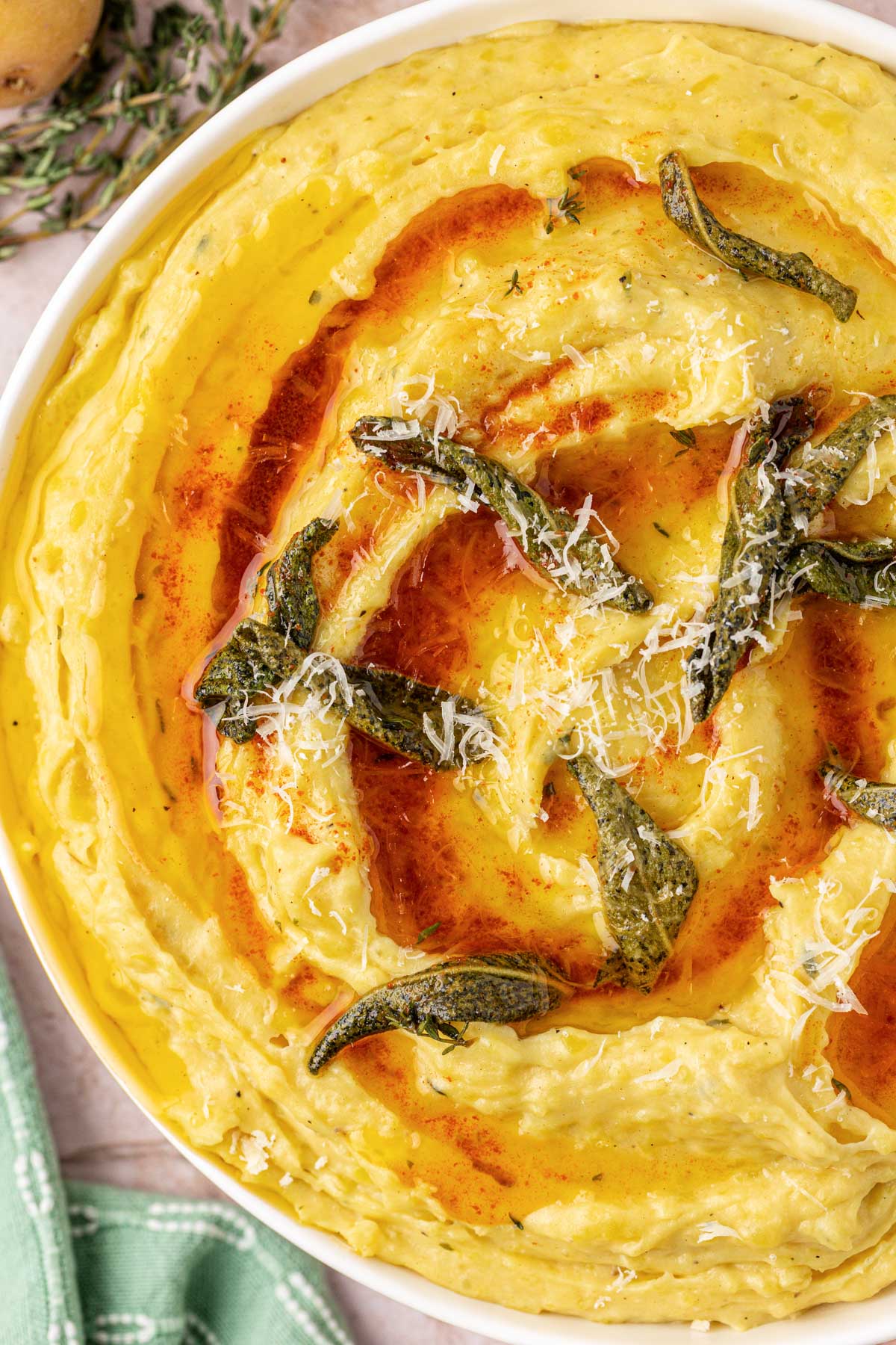 Overhead photo of a bowl of boursin brown butter mashed potatoes.