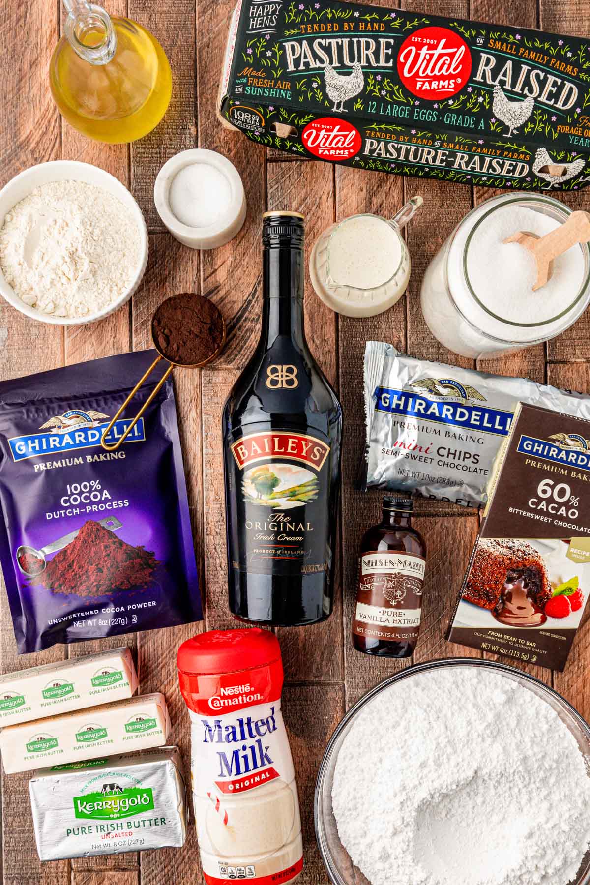 Overhead photo of ingredients to make Bailey's Irish Cream Brownies on a wooden table.