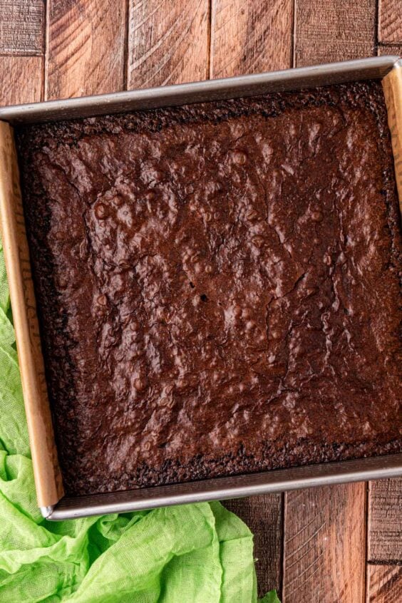 Baked brownies in a square pan.