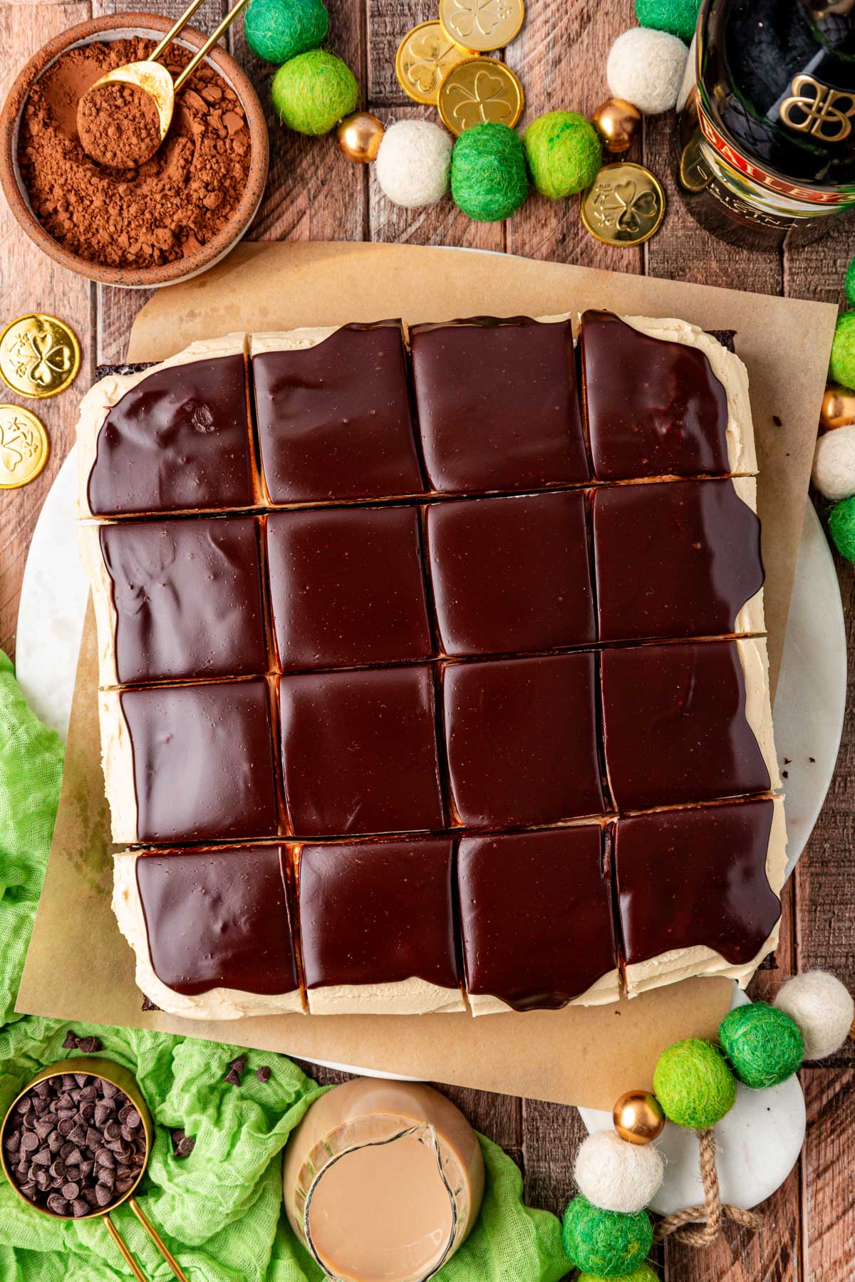 Overhead photo of Irish Cream Bailey's Brownies on a table.