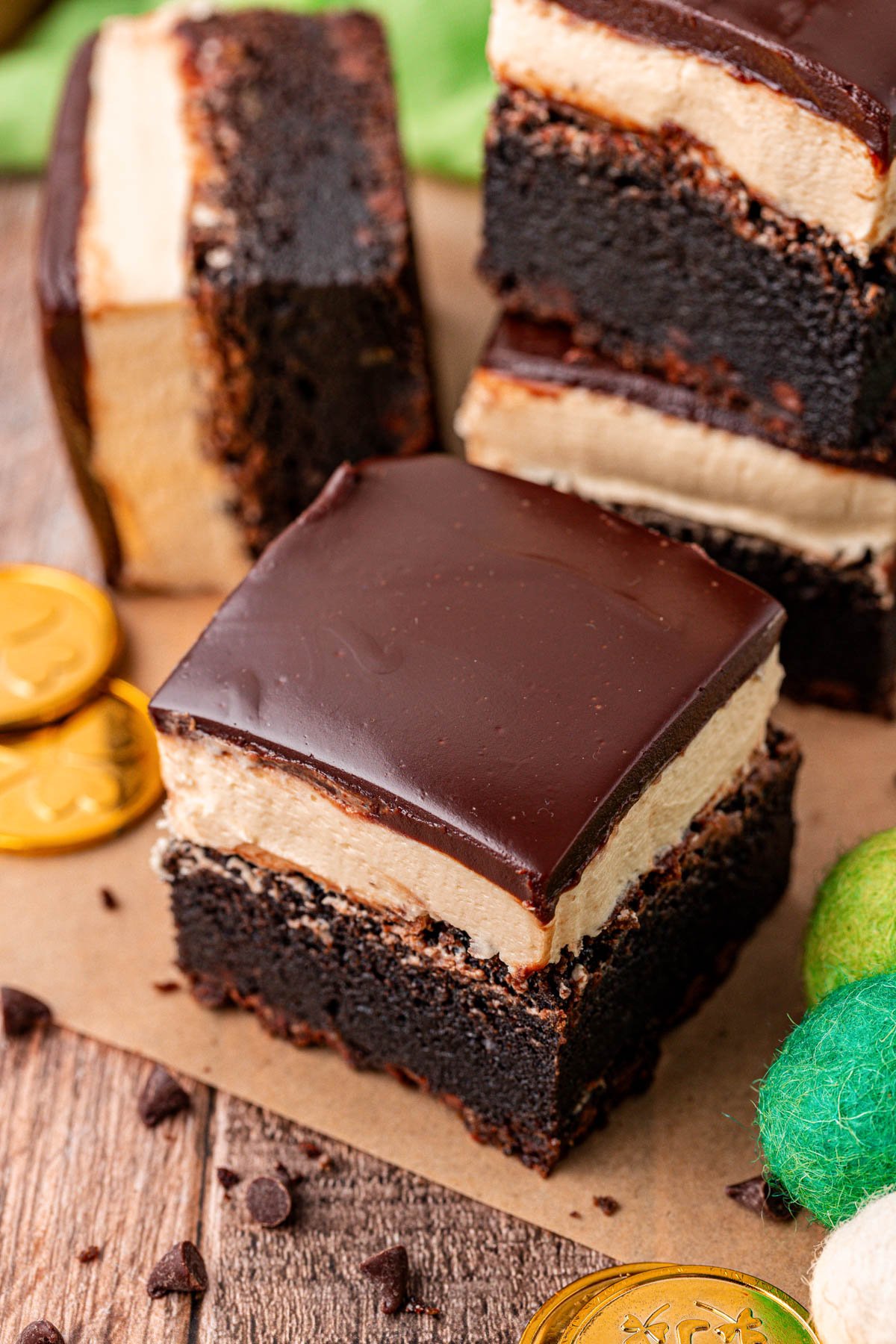 Close up of a brownie with Bailey's frosting and ganache on top.