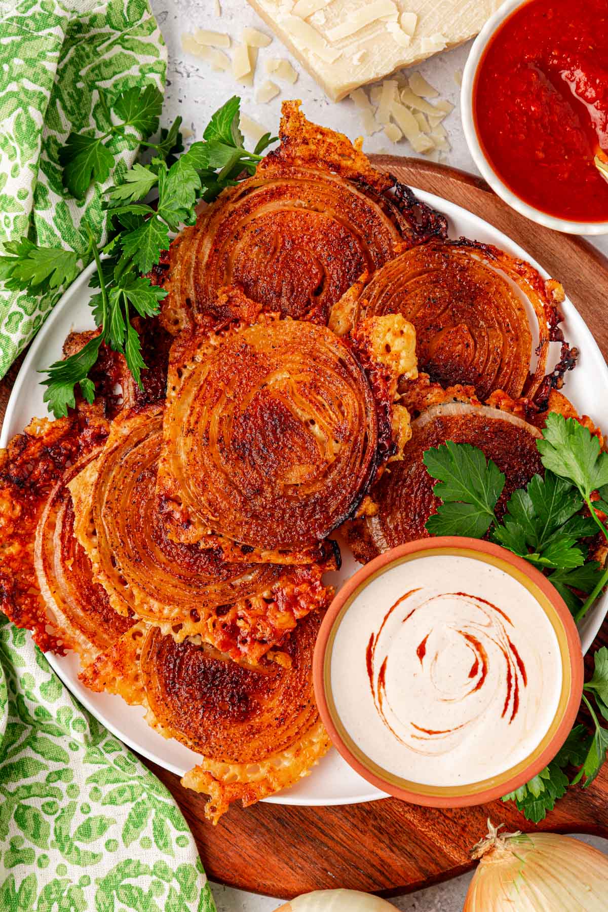 Overhead photo of a plate or viral onion ring chips.