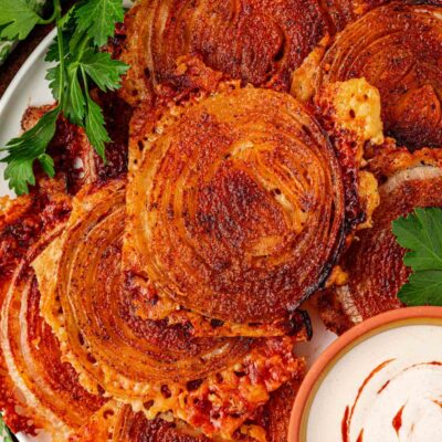 Overhead photo of a plate or viral onion ring chips.