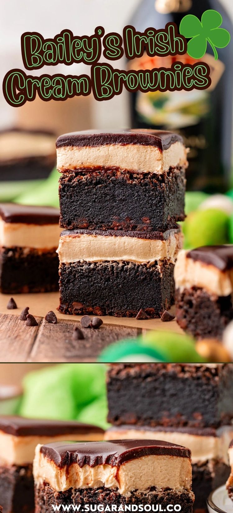 Kick off your St. Patrick's Day fun with a batch of these Bailey's Irish Cream Brownies! Three simple yet decadent layers combine into one mouthwatering dessert that's loaded with Irish Cream Liqueur to create a festive flavor that will have you reaching for seconds! via @sugarandsoulco