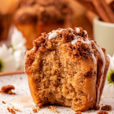 Close up of a cinnamon muffin with a bite missing.